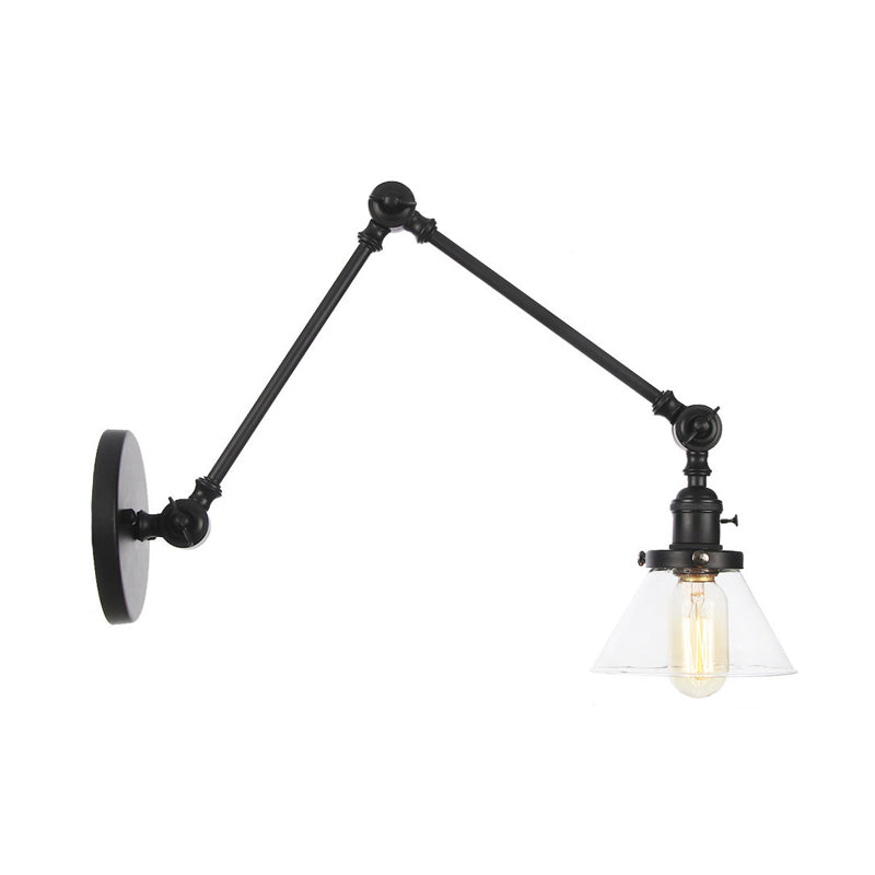 BowLift | 1 Light Wall Lamp Industrial Cone Clear/Amber Glass Wall Lamp in Black/Bronze/Brass with Adjustable Arm, 8“+8"/8"+8"+8" Long
