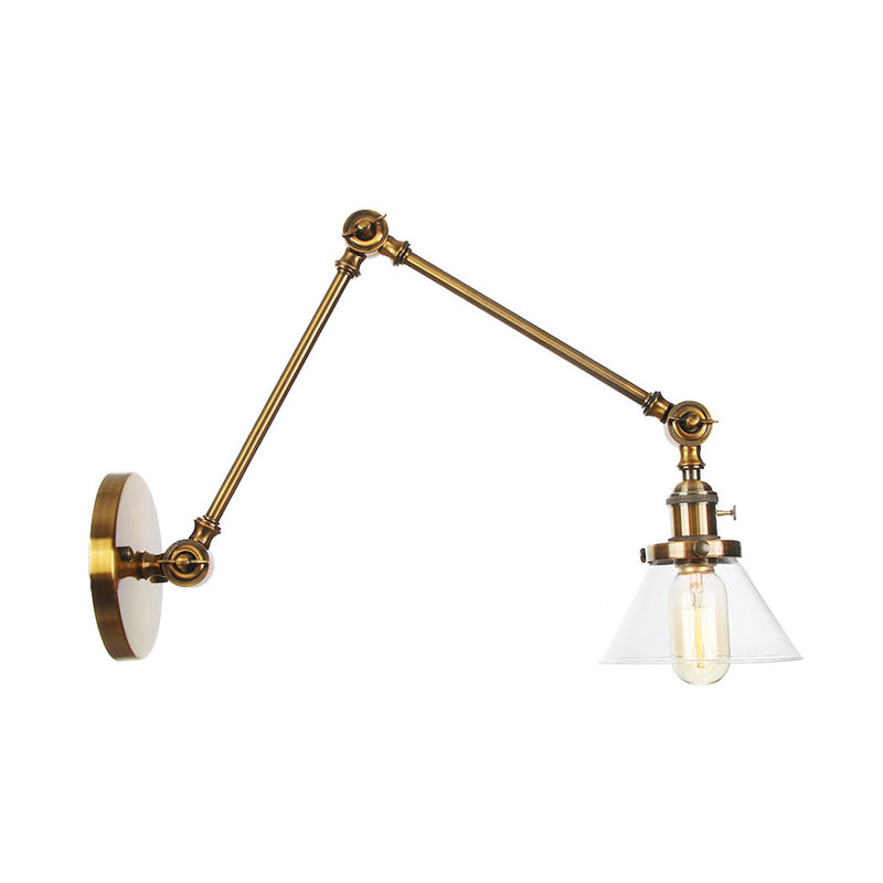 BowLift | 1 Light Wall Lamp Industrial Cone Clear/Amber Glass Wall Lamp in Black/Bronze/Brass with Adjustable Arm, 8“+8"/8"+8"+8" Long