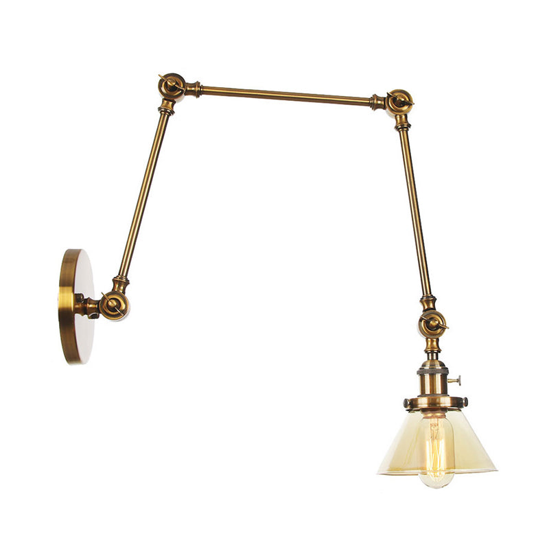 BowLift | 1 Light Wall Lamp Industrial Cone Clear/Amber Glass Wall Lamp in Black/Bronze/Brass with Adjustable Arm, 8“+8"/8"+8"+8" Long