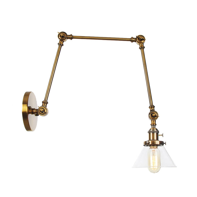 BowLift | 1 Light Wall Lamp Industrial Cone Clear/Amber Glass Wall Lamp in Black/Bronze/Brass with Adjustable Arm, 8“+8"/8"+8"+8" Long