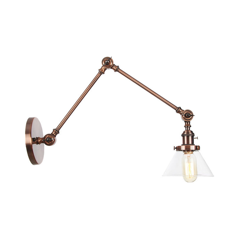 BowLift | 1 Light Wall Lamp Industrial Cone Clear/Amber Glass Wall Lamp in Black/Bronze/Brass with Adjustable Arm, 8“+8"/8"+8"+8" Long