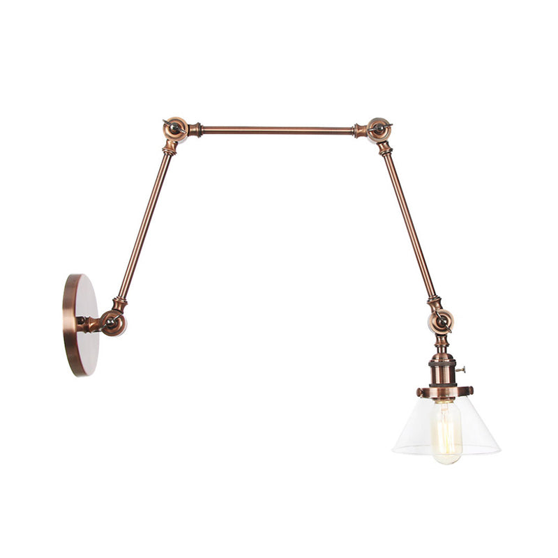 BowLift | 1 Light Wall Lamp Industrial Cone Clear/Amber Glass Wall Lamp in Black/Bronze/Brass with Adjustable Arm, 8“+8"/8"+8"+8" Long