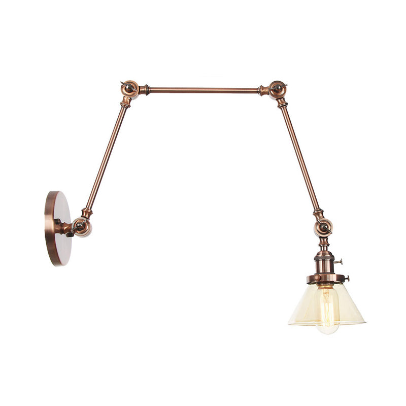 BowLift | 1 Light Wall Lamp Industrial Cone Clear/Amber Glass Wall Lamp in Black/Bronze/Brass with Adjustable Arm, 8“+8"/8"+8"+8" Long