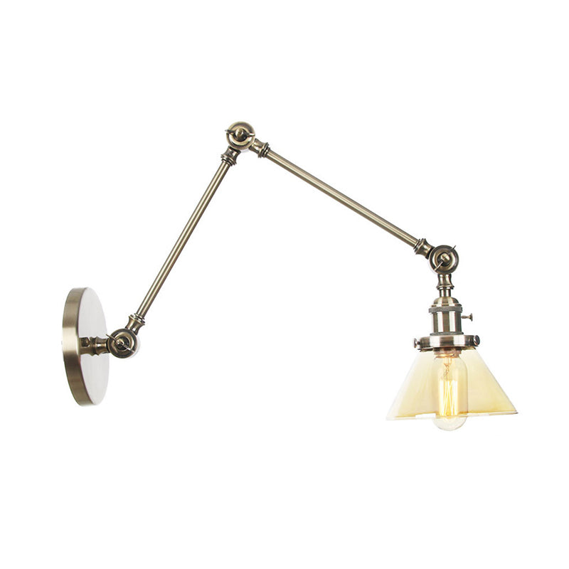 BowLift | 1 Light Wall Lamp Industrial Cone Clear/Amber Glass Wall Lamp in Black/Bronze/Brass with Adjustable Arm, 8“+8"/8"+8"+8" Long