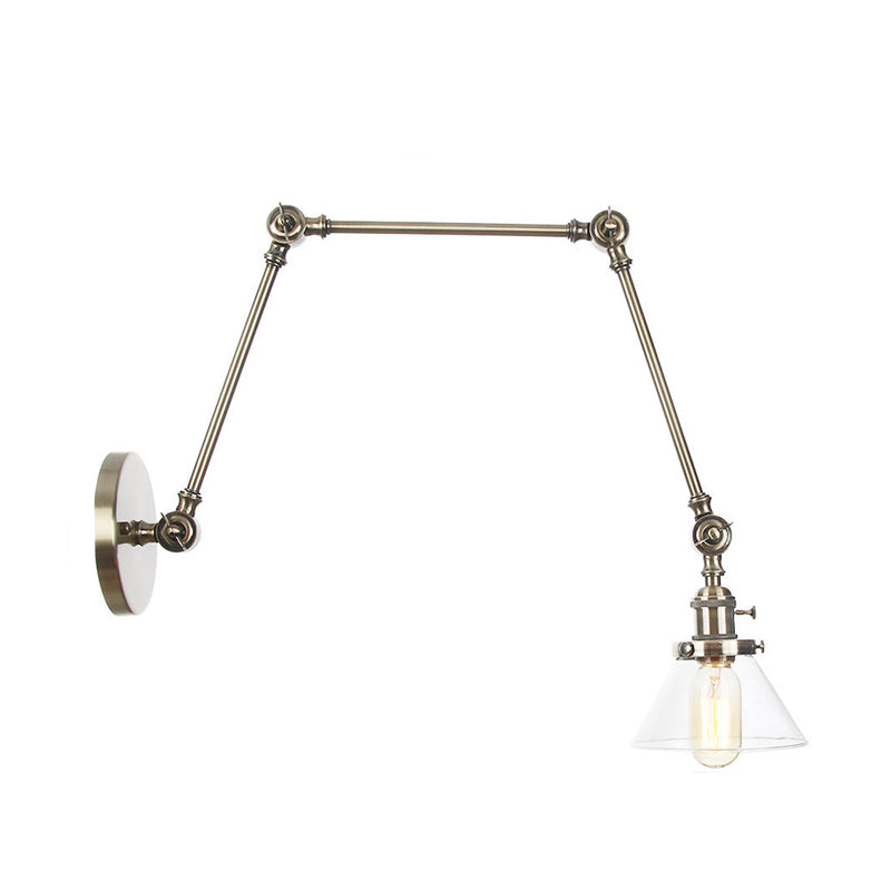 BowLift | 1 Light Wall Lamp Industrial Cone Clear/Amber Glass Wall Lamp in Black/Bronze/Brass with Adjustable Arm, 8“+8"/8"+8"+8" Long