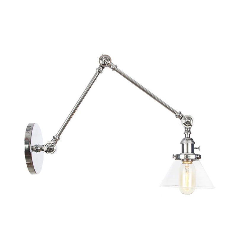 BowLift | 1 Light Wall Lamp Industrial Cone Clear/Amber Glass Wall Lamp in Black/Bronze/Brass with Adjustable Arm, 8“+8"/8"+8"+8" Long