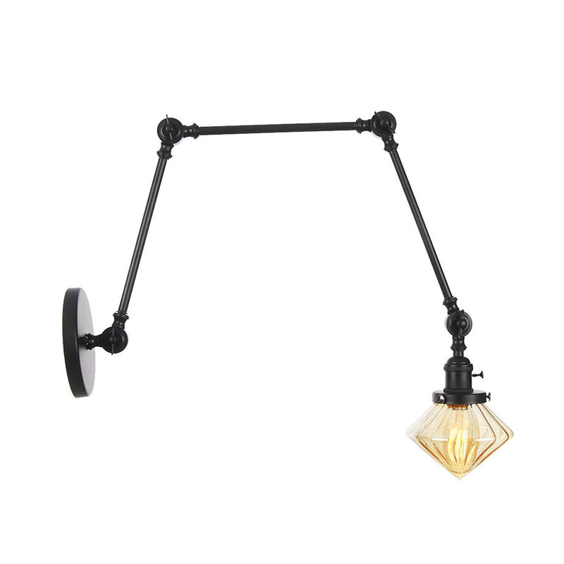 BowLift | 1 Light Dining Room Wall Lamp Vintage Black/Bronze/Brass Wall Mounted Lamp with Diamond Clear/Amber Glass Shade, 8"+8"/8"+8"+8" L Adjustable Arm
