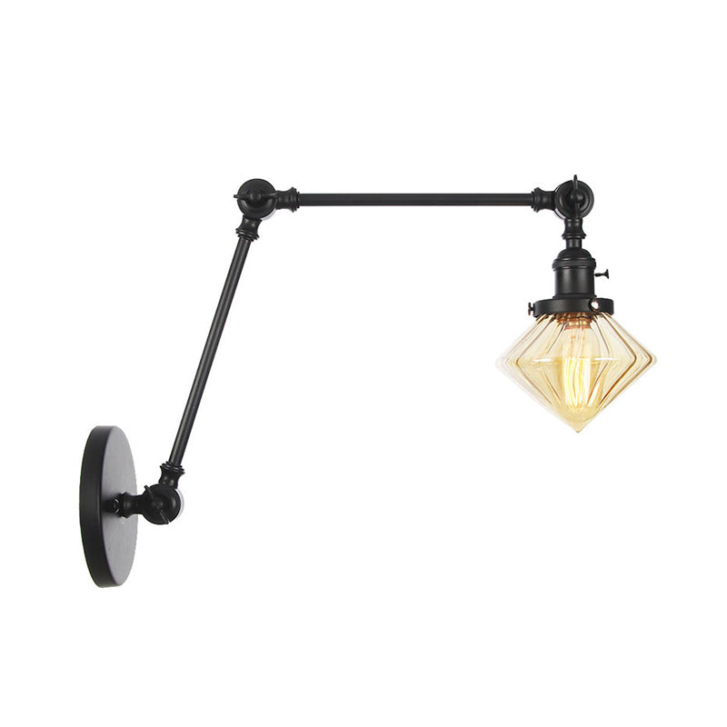 BowLift | 1 Light Dining Room Wall Lamp Vintage Black/Bronze/Brass Wall Mounted Lamp with Diamond Clear/Amber Glass Shade, 8"+8"/8"+8"+8" L Adjustable Arm
