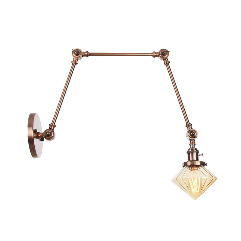 BowLift | 1 Light Dining Room Wall Lamp Vintage Black/Bronze/Brass Wall Mounted Lamp with Diamond Clear/Amber Glass Shade, 8"+8"/8"+8"+8" L Adjustable Arm