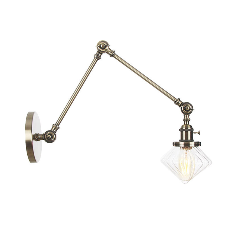 BowLift | 1 Light Dining Room Wall Lamp Vintage Black/Bronze/Brass Wall Mounted Lamp with Diamond Clear/Amber Glass Shade, 8"+8"/8"+8"+8" L Adjustable Arm