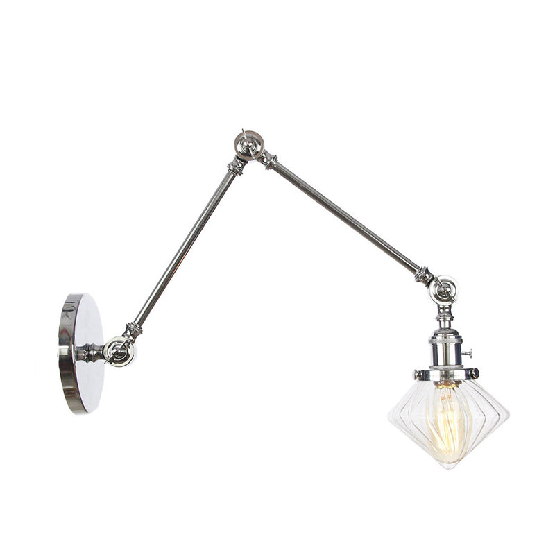 BowLift | 1 Light Dining Room Wall Lamp Vintage Black/Bronze/Brass Wall Mounted Lamp with Diamond Clear/Amber Glass Shade, 8"+8"/8"+8"+8" L Adjustable Arm