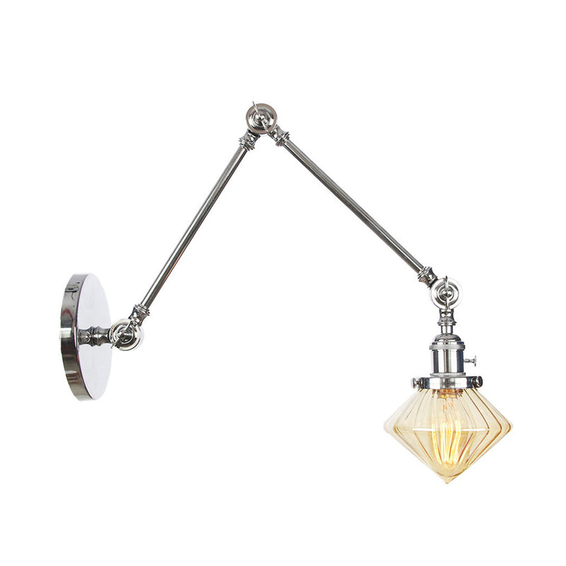 BowLift | 1 Light Dining Room Wall Lamp Vintage Black/Bronze/Brass Wall Mounted Lamp with Diamond Clear/Amber Glass Shade, 8"+8"/8"+8"+8" L Adjustable Arm