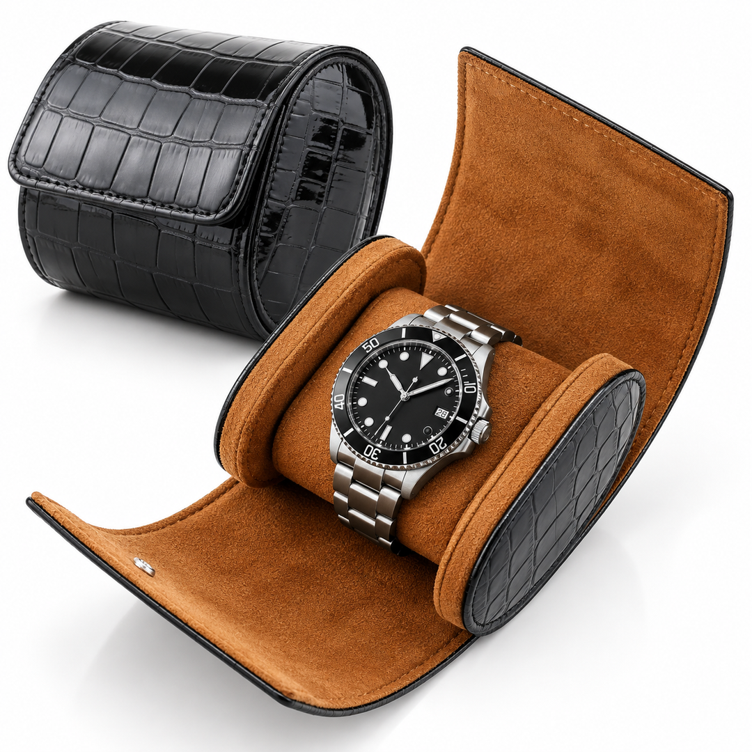Embossed Leather Single Watch Travel Case Bowlift