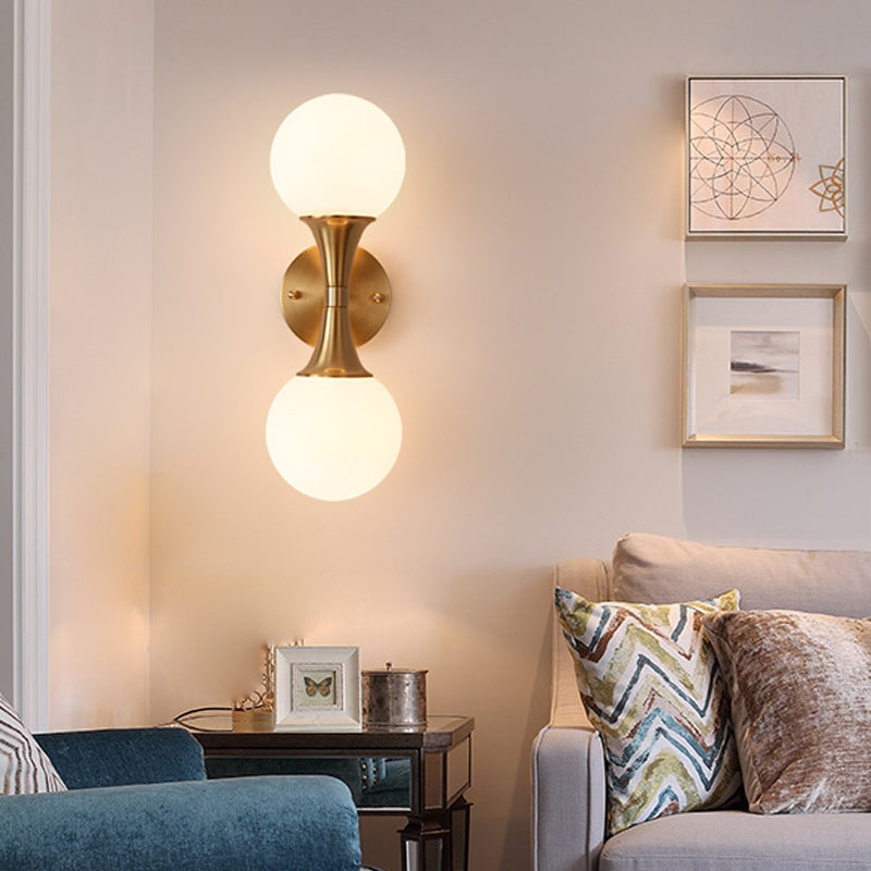 BowLift | 2 Bulbs Bathroom Sink Light Modernism Brass Wall Mounted Lamp with Orb Milk Glass Shade
