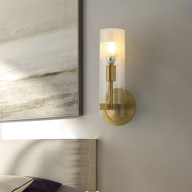 BowLift | Modernism 1 Head Wall Light Brass Cylindrical Wall Mount Lighting with Clear Glass Shade