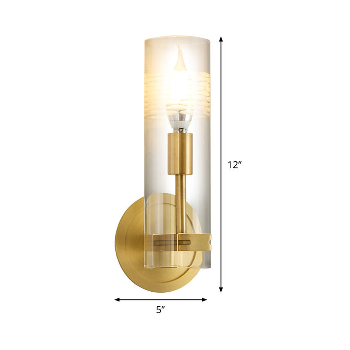 BowLift | Modernism 1 Head Wall Light Brass Cylindrical Wall Mount Lighting with Clear Glass Shade
