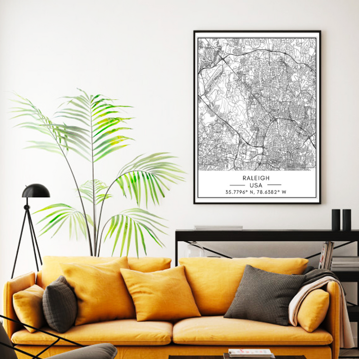Raleigh City Map - Canvas Wall Art Painting | Bowlift