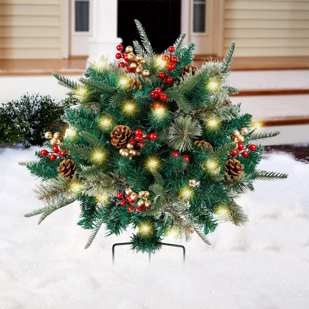 BowLift | Christmas urn decoration with LED lights | Realistic pine branches & berries | Indoor and outdoor