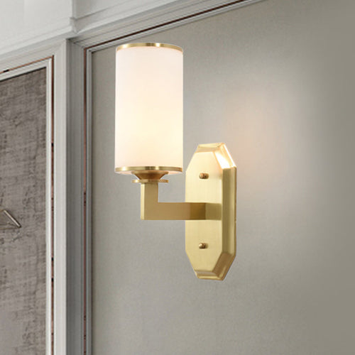 BowLift | Modernist Cylindrical Wall Lamp Opal Glass 1 Lamp Wall Lighting Fixture in Gold with Metal Arm