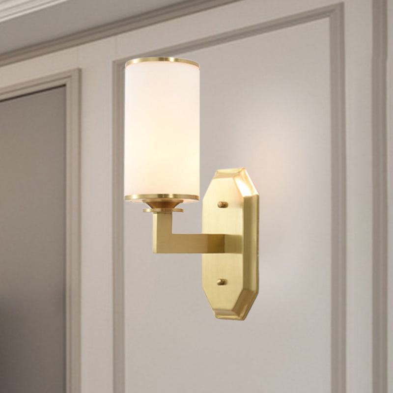 BowLift | Modernist Cylindrical Wall Lamp Opal Glass 1 Lamp Wall Lighting Fixture in Gold with Metal Arm