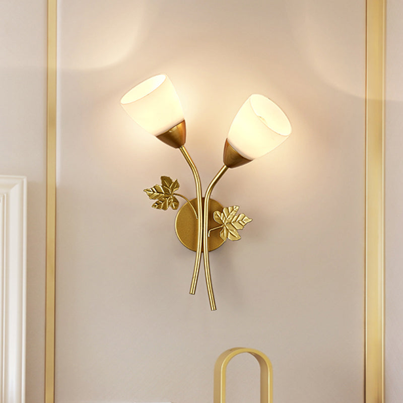 BowLift | Floral Wall Lamp Modernist Milk Glass 2 Light Sources Black/Gold Wall Light with Metal Leaf