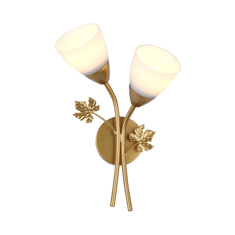 BowLift | Floral Wall Lamp Modernist Milk Glass 2 Light Sources Black/Gold Wall Light with Metal Leaf