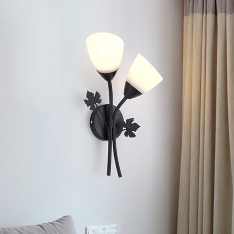 BowLift | Floral Wall Lamp Modernist Milk Glass 2 Light Sources Black/Gold Wall Light with Metal Leaf