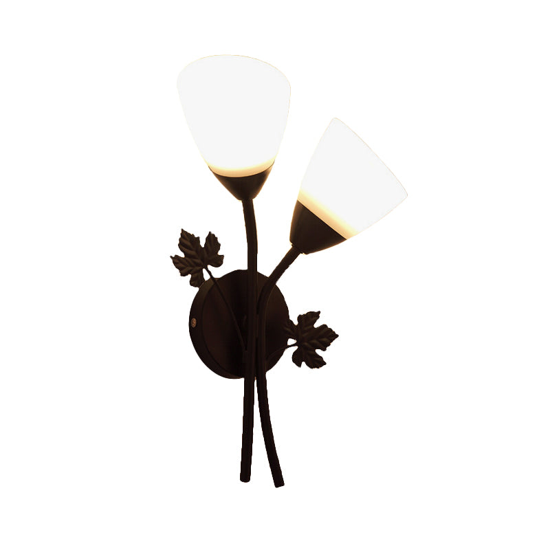 BowLift | Floral Wall Lamp Modernist Milk Glass 2 Light Sources Black/Gold Wall Light with Metal Leaf
