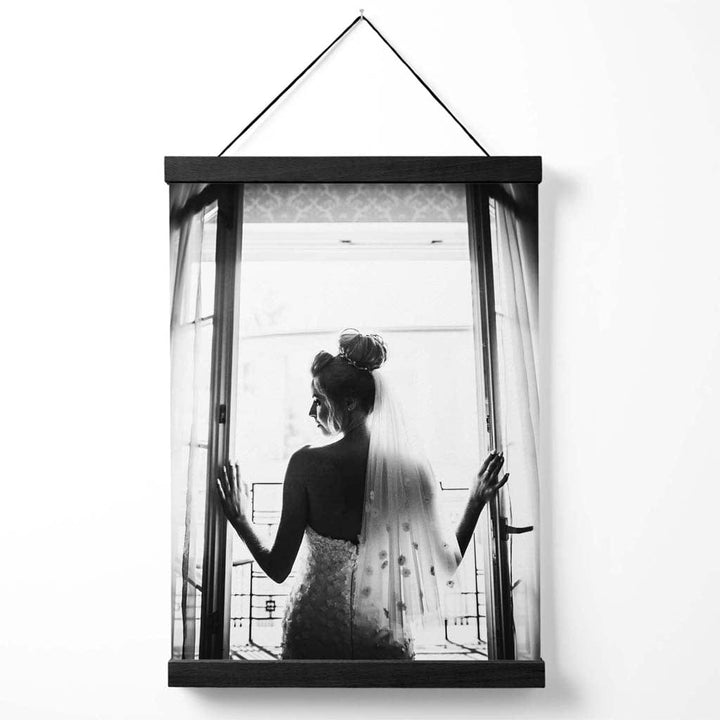 Bride in Window Fashion Black and White Photo Poster with Hanger | Bowlift