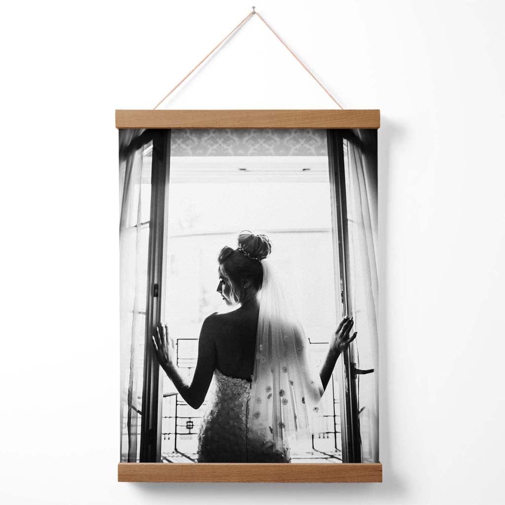 Bride in Window Fashion Black and White Photo Poster with Hanger | Bowlift
