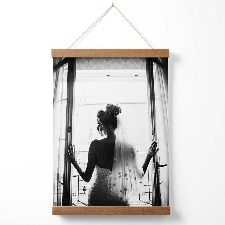 Bride in Window Fashion Black and White Photo Poster with Hanger | Bowlift