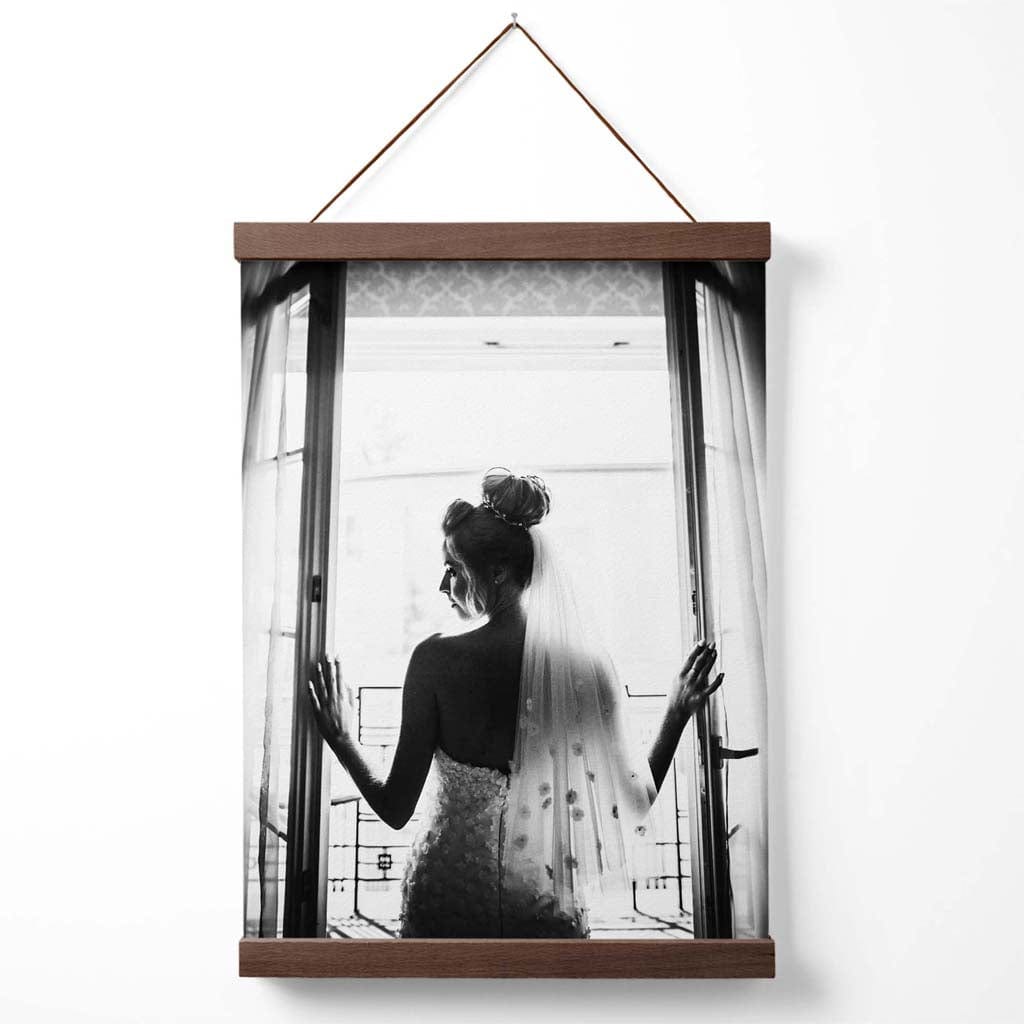 Bride in Window Fashion Black and White Photo Poster with Hanger | Bowlift
