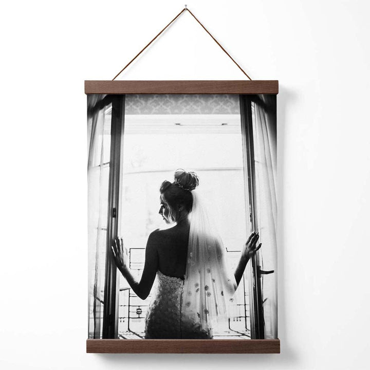 Bride in Window Fashion Black and White Photo Poster with Hanger | Bowlift