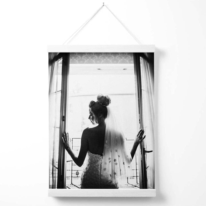 Bride in Window Fashion Black and White Photo Poster with Hanger | Bowlift