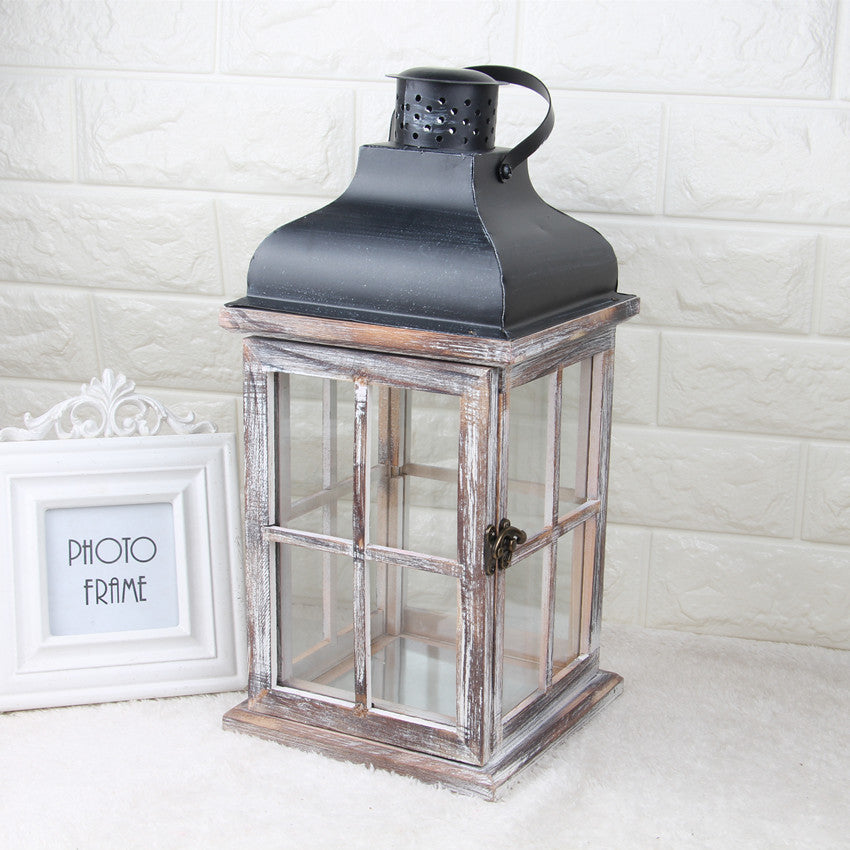 Hand-Finished Weathered Wood Windowpane Lanterns with Metal Roof and Glass Panels Set Bowlift