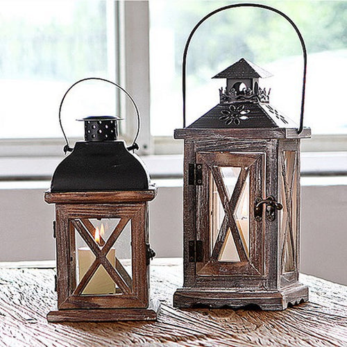 Antique-Style Glass Pane Window Lantern with Distressed Wood Frame and Vented Metal Roof Bowlift