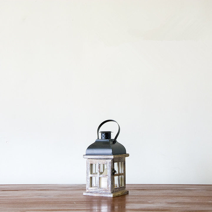 Multi-Piece Rustic Wooden Candle Lanterns with Metal Tops and Paneled Glass Bowlift