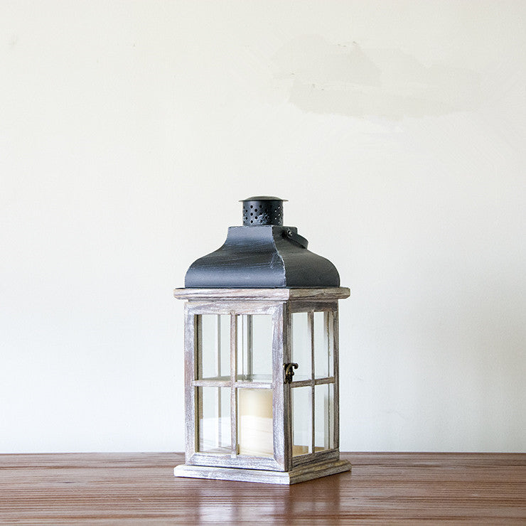 Multi-Piece Rustic Wooden Candle Lanterns with Metal Tops and Paneled Glass Bowlift