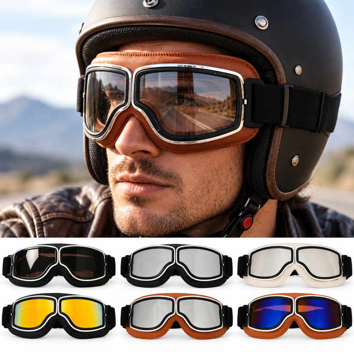 Polarized Mirrored Motorcycle Goggles with Leather Trim and Padded Foam Seal Bowlift