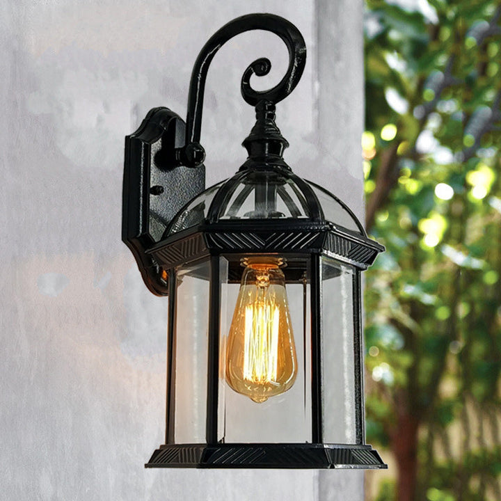 Traditional European Waterproof Aluminum Glass Hexagonal Prism 1-Light Wall Sconce Lamp For Garden | Bowlift