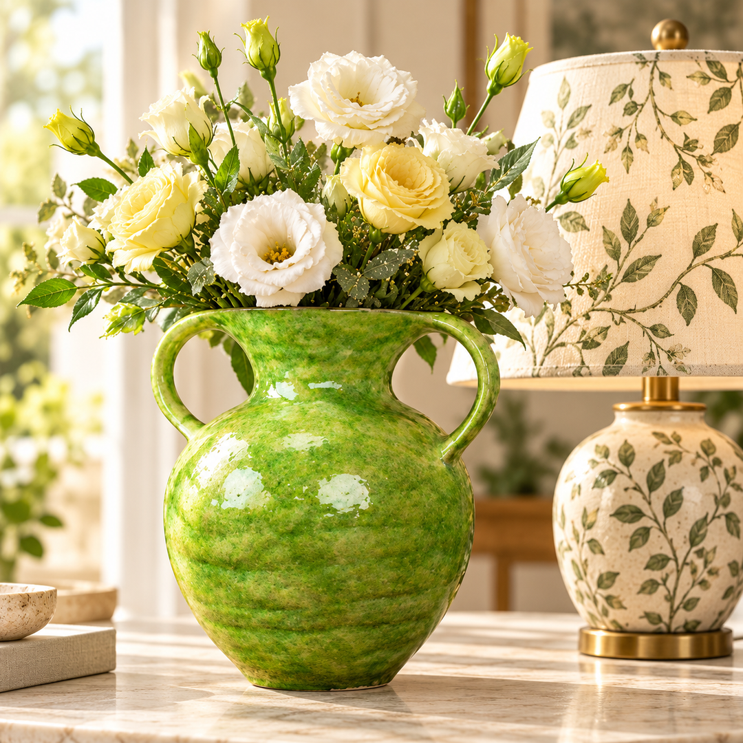 Handcrafted Glazed Ceramic Double-Handled Decorative Vase Bowlift