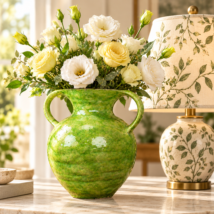 Handcrafted Glazed Ceramic Double-Handled Decorative Vase Bowlift