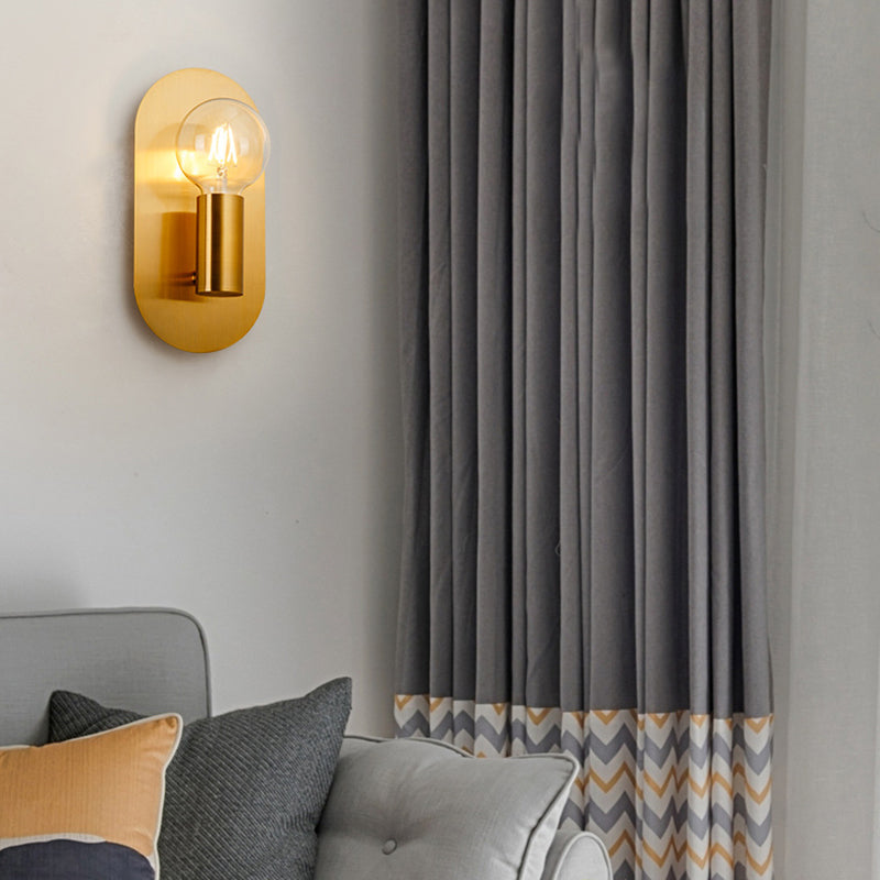 BowLift | 1 Head Exposed Bulb Wall Mount Lamp with Oval Metal Back Plate Postmodern Wall Lighting in Gold
