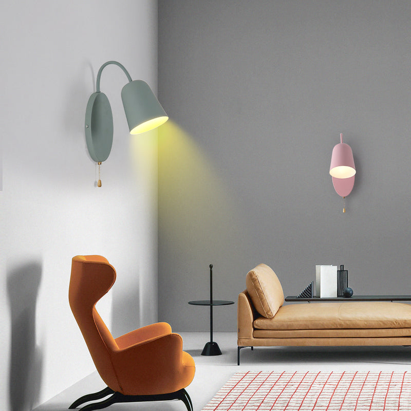 BowLift | Modern Cone Wall Light 1 Light Wall Mounted Lighting with Metal Shade and Pull Chain in Pink/Yellow/Blue/Green