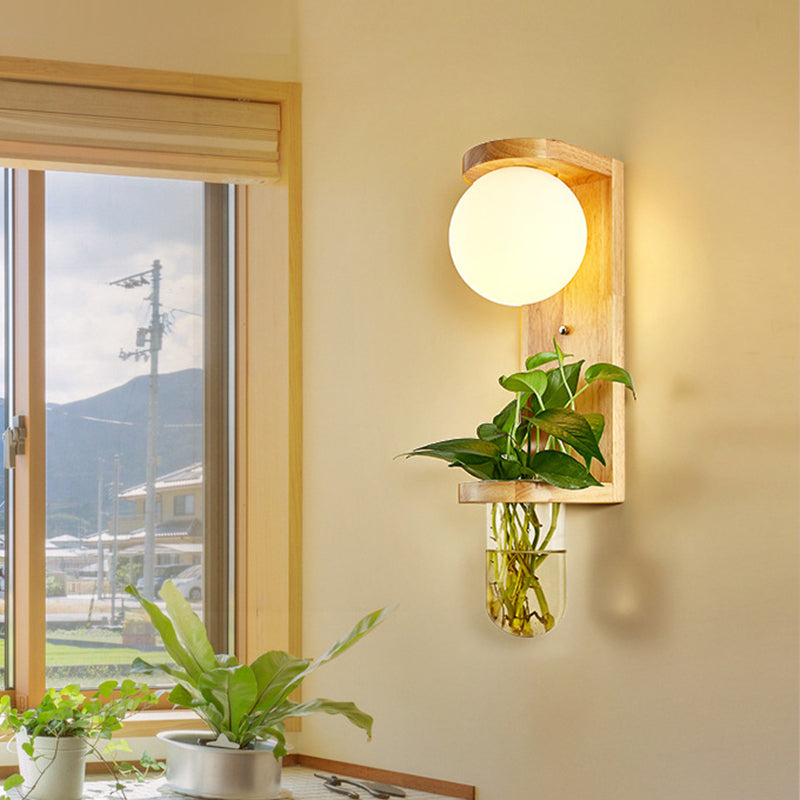 BowLift | Barrel/Globe Opal Glass Up/Down Light Simple 1 Light Living Room LED Wall Mount Lighting in Wood