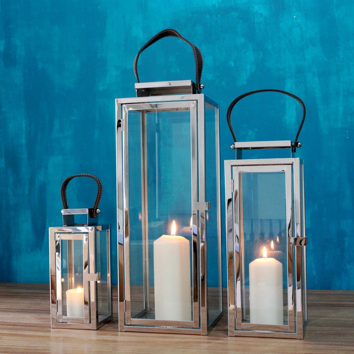 Rectangular Glass Candle Lanterns with Polished Metal Frame and Faux Leather Handle Set Bowlift