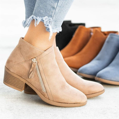 BowLift 丨 Women's Large Size Suede Martin Ankle Boots Low Thick Heel Side Zipper Rubber Sole
