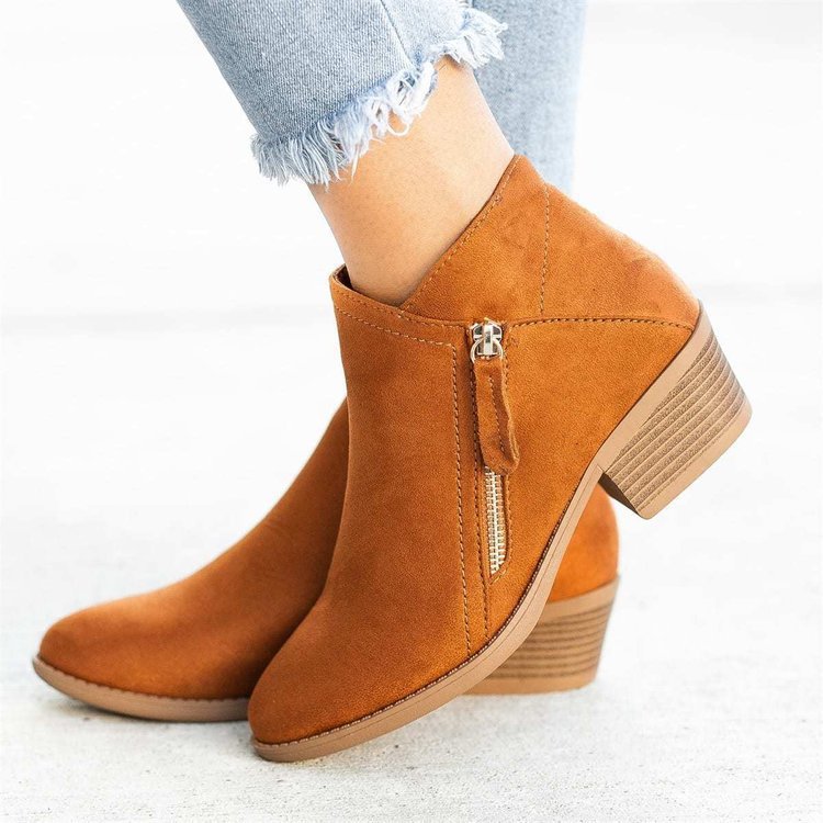 BowLift 丨 Women's Large Size Suede Martin Ankle Boots Low Thick Heel Side Zipper Rubber Sole