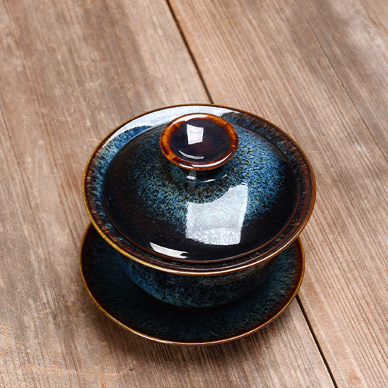 BowLift | Vintage Kiln Ceramic Gaiwan Sancai Tea Cup Tea Cup and Saucer with Lid