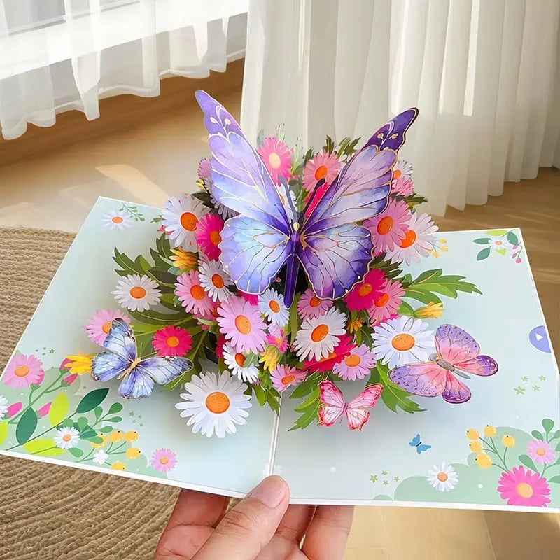 BowLift | 3D Pop-Up Greeting Card – Colorful Butterflies & Daisies with Envelope